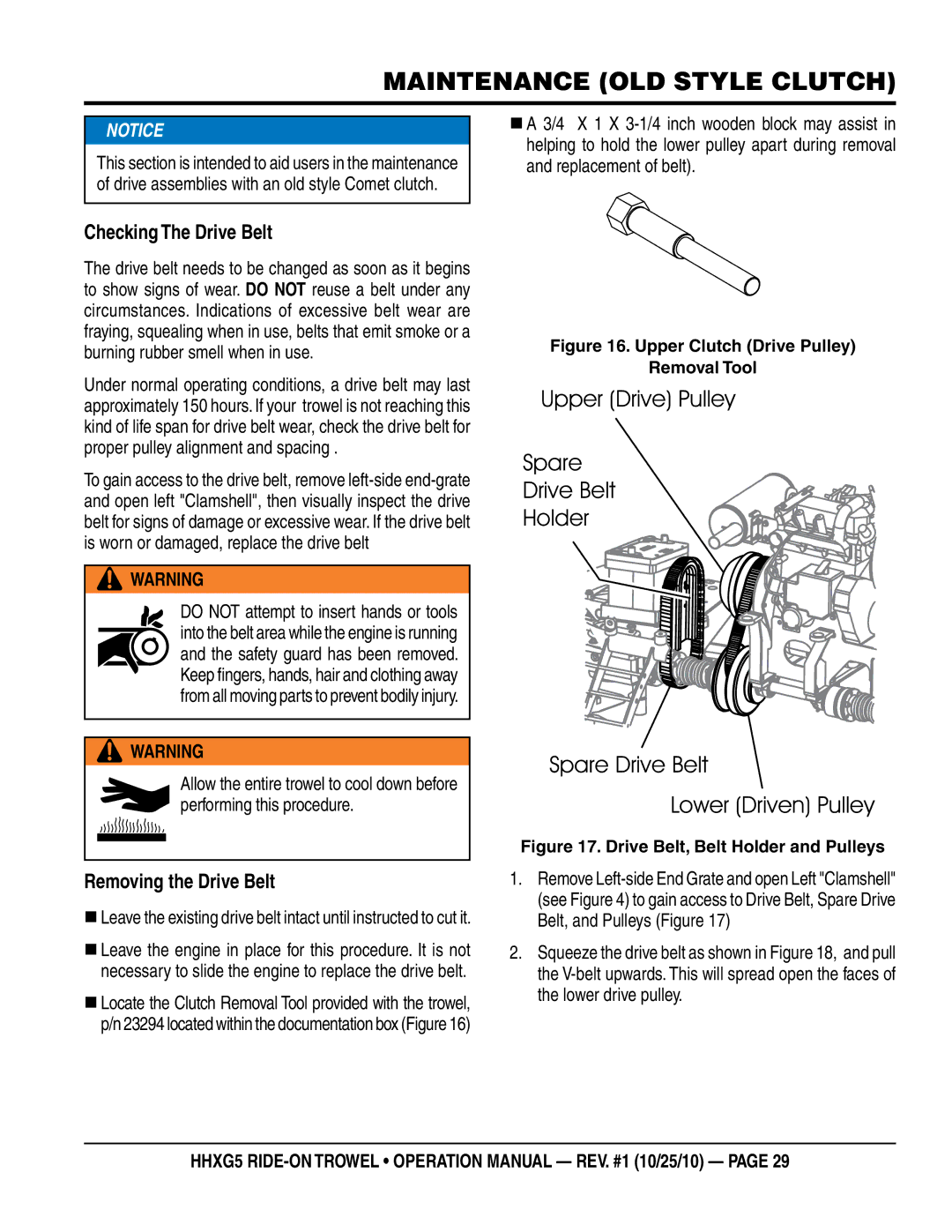 Multiquip HHXG5 operation manual MAINTENANCE old style clutch, Checking The Drive Belt, Removing the Drive Belt 