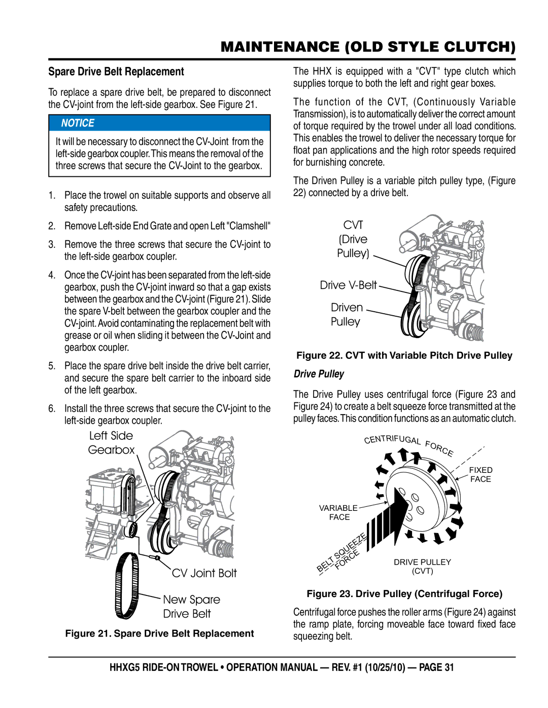 Multiquip HHXG5 operation manual Left Side Gearbox, Spare Drive Belt Replacement 