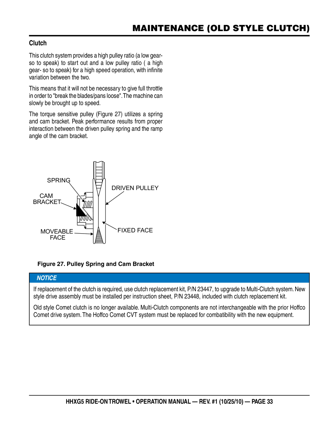 Multiquip HHXG5 operation manual Clutch, Spring Driven Pulley CAM Bracket Moveable Fixed Face 