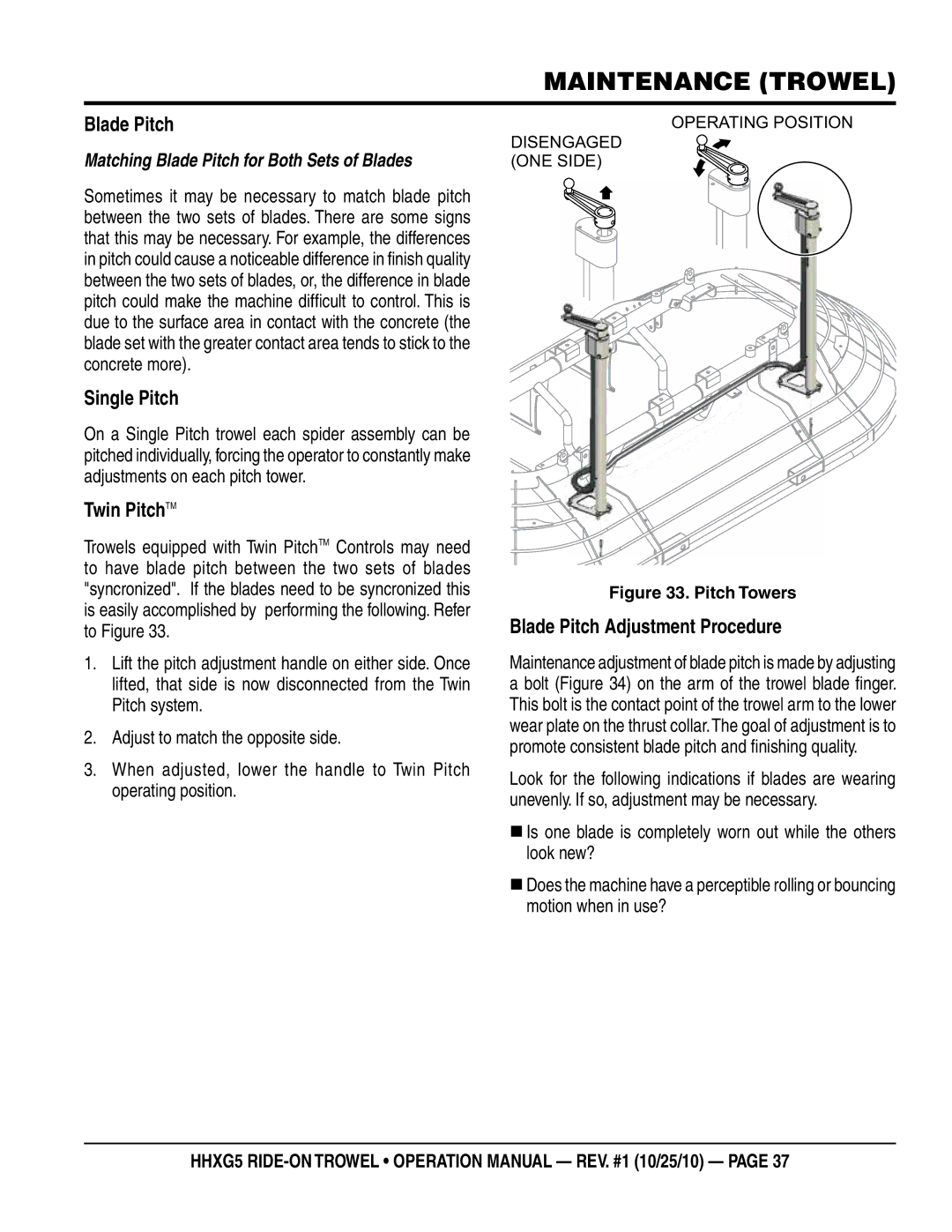 Multiquip HHXG5 operation manual MAINTENANCE Trowel, Single Pitch, Twin PitchTM, Blade Pitch Adjustment Procedure 