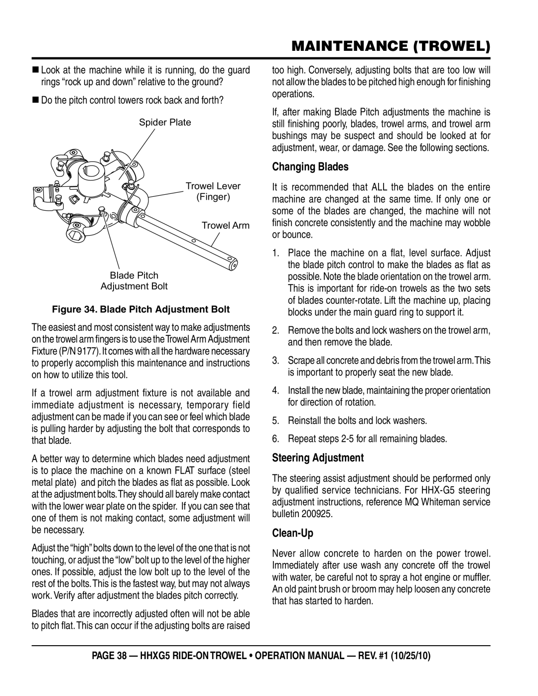 Multiquip HHXG5 Changing Blades, Steering Adjustment, Clean-Up, „„Do the pitch control towers rock back and forth? 