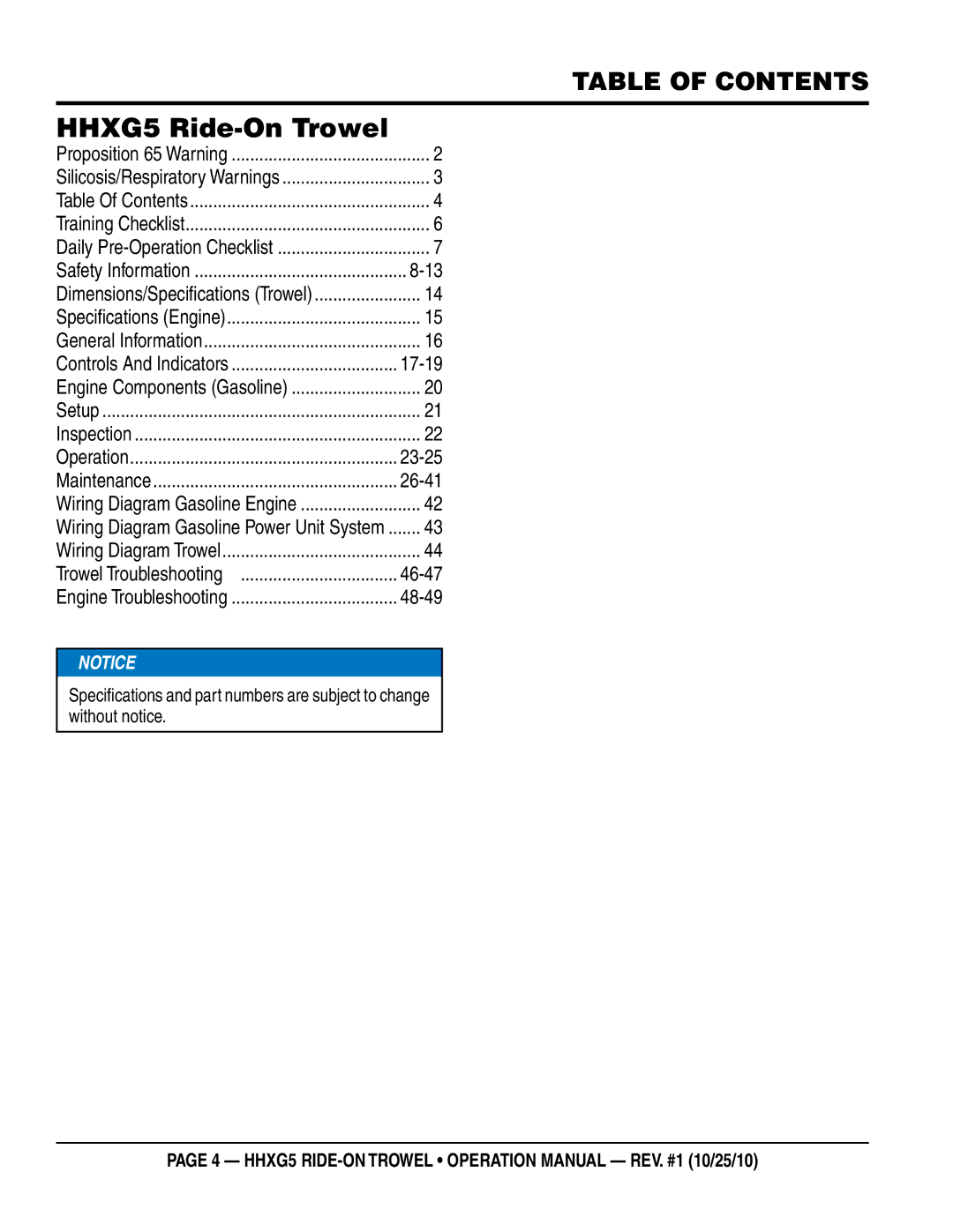 Multiquip operation manual HHXG5 Ride-On Trowel, Table of Contents 