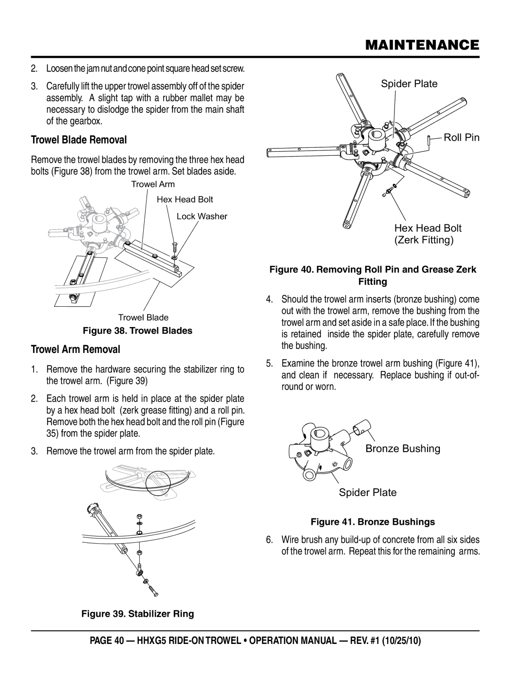 Multiquip HHXG5 operation manual Trowel Blade Removal, Trowel Arm Removal, Remove the trowel arm from the spider plate 