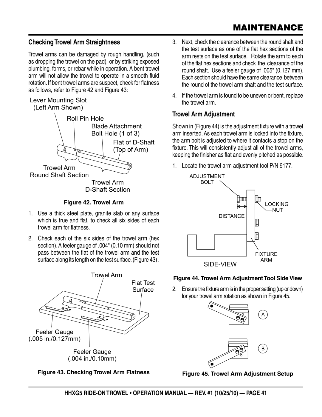 Multiquip HHXG5 operation manual Checking Trowel Arm Straightness, Locate the trowel arm adjustment tool P/N 