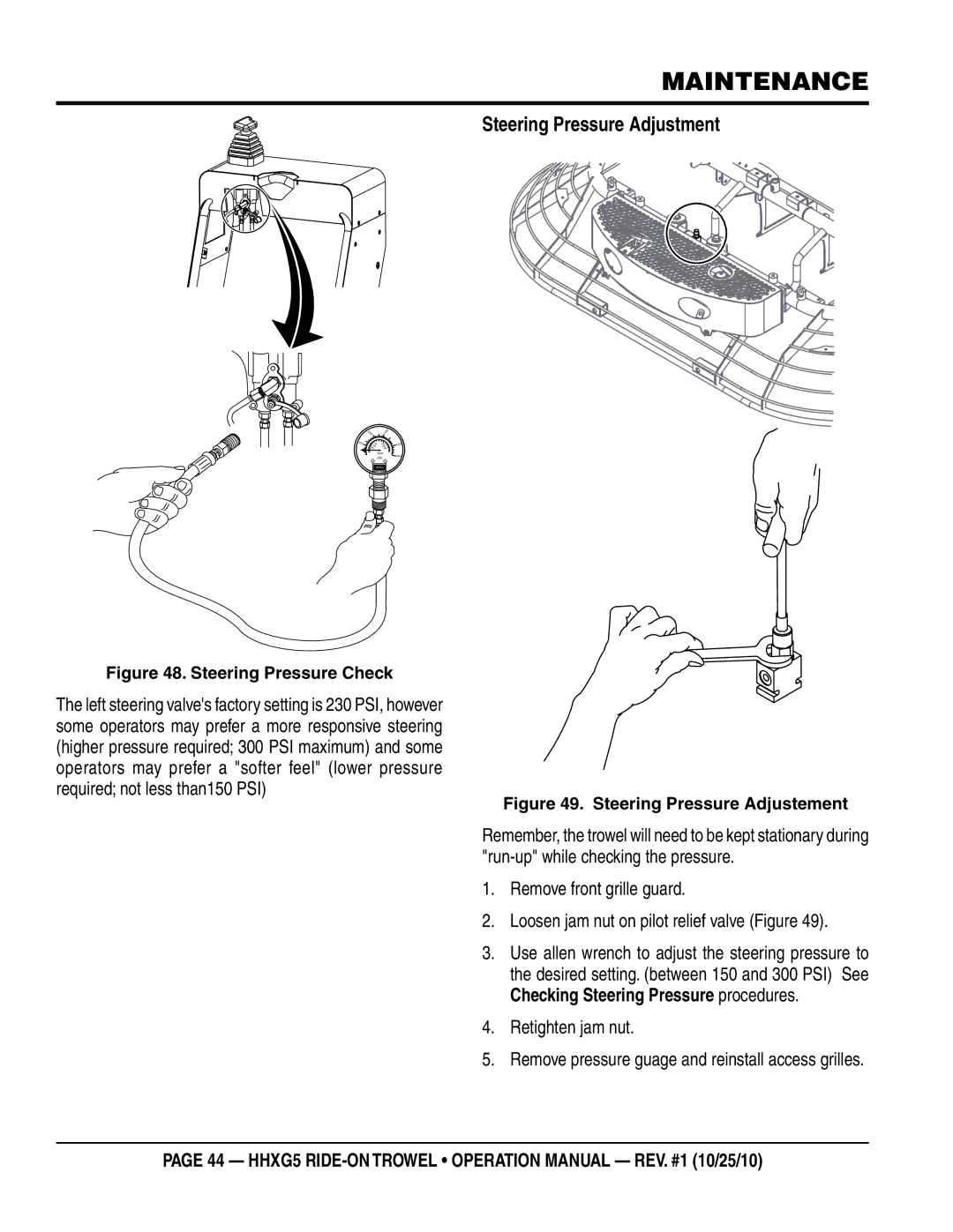 Multiquip HHXG5 operation manual Steering Pressure Adjustment, Steering Pressure Check 