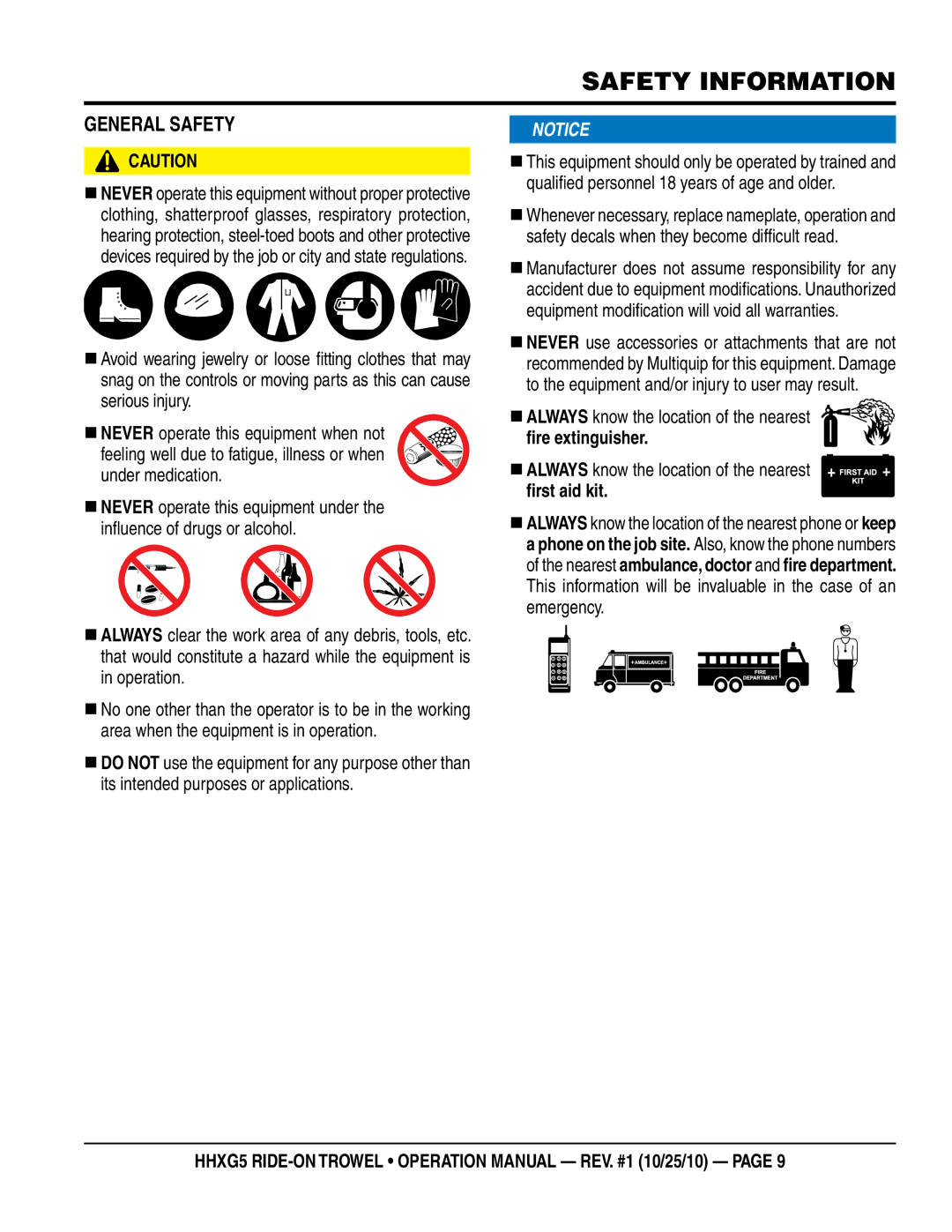 Multiquip HHXG5 operation manual GeNeRaL SaFeTY 