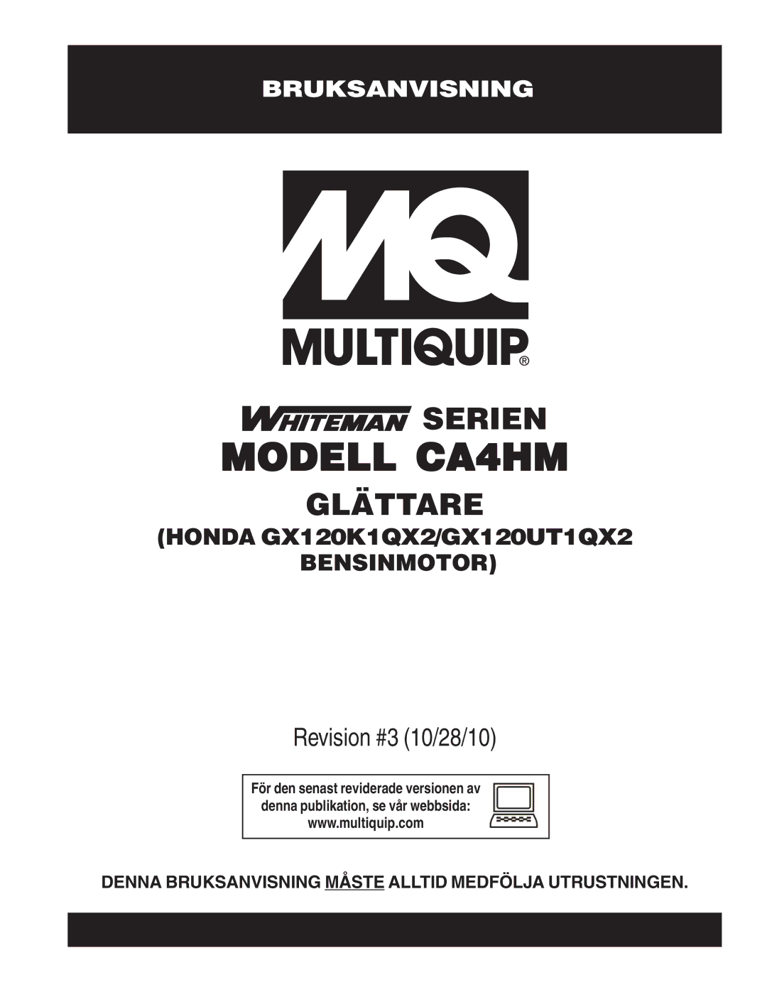 Multiquip HONDAGX120K1QX2/GX120UT1QX2BENSINMOTOR) manual Modell CA4HM 