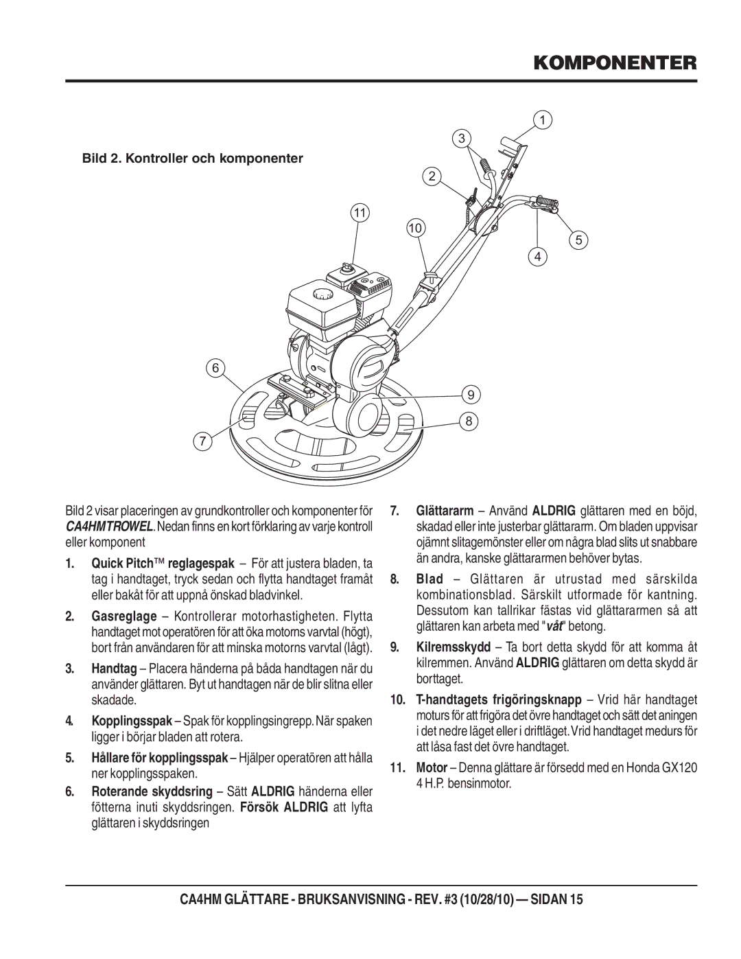 Multiquip HONDAGX120K1QX2/GX120UT1QX2BENSINMOTOR), CA4HM manual Komponenter, Bild 2. Kontroller och komponenter 