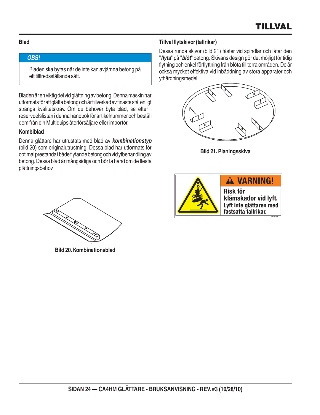 Multiquip CA4HM manual Kombiblad, Tillvalflytskivortallrikar, Bild 21. Planingsskiva, Bild 20. Kombinationsblad 