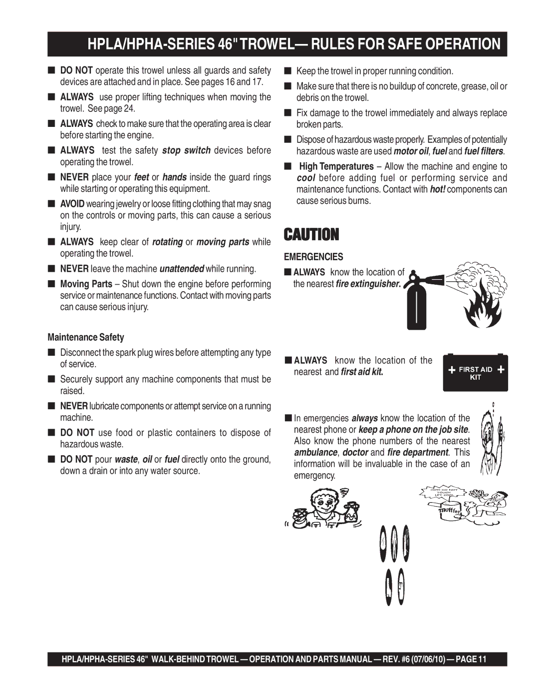 Multiquip HPHA46411H, HPLA46411H manual HPLA/HPHA-SERIES 46TROWEL- Rules for Safe Operation, Maintenance Safety, Emergencies 