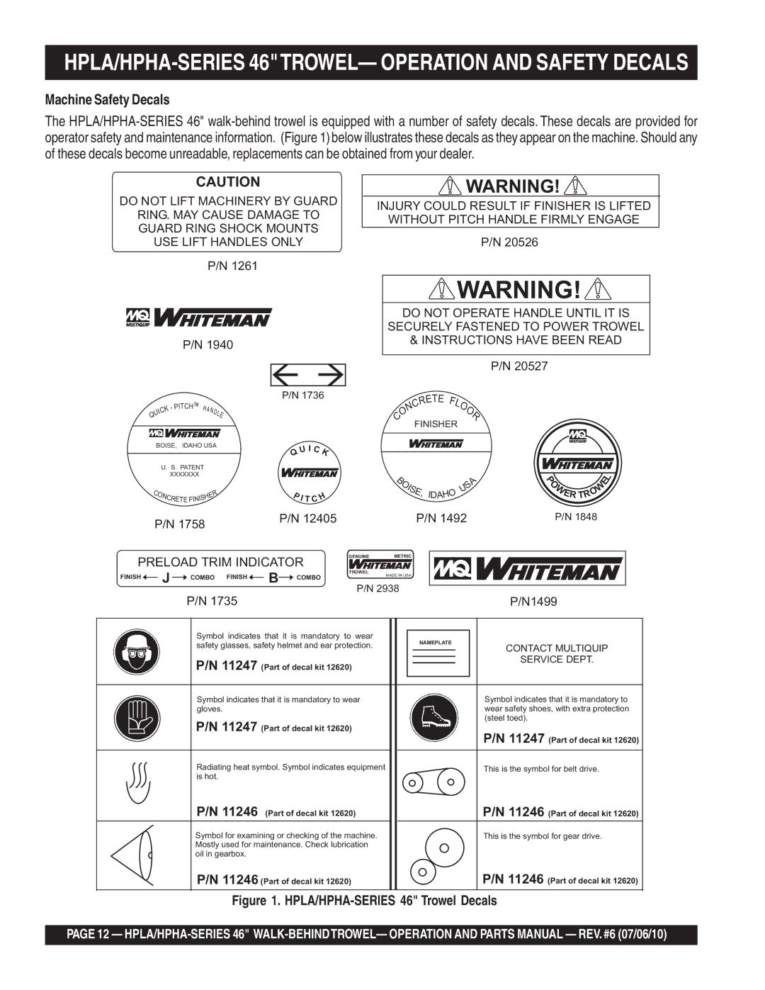 Multiquip HPLA46411H, HPHA46411H manual HPLA/HPHA-SERIES 46TROWEL- Operation and Safety Decals, Machine Safety Decals 