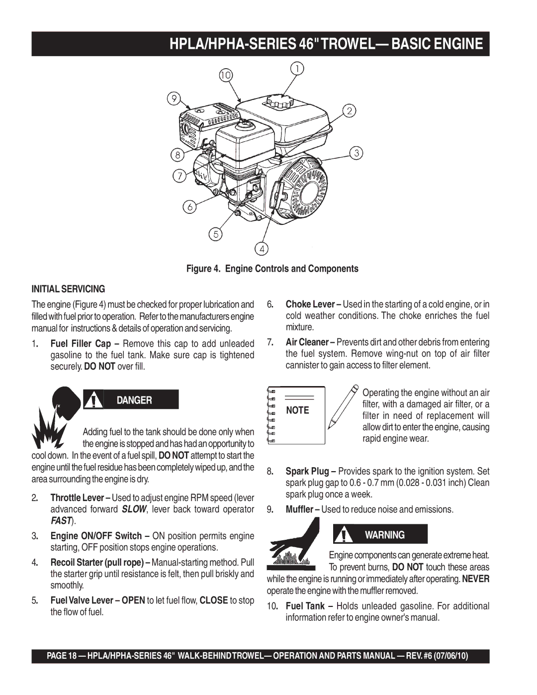 Multiquip HPLA46411H, HPHA46411H manual HPLA/HPHA-SERIES 46TROWEL- Basic Engine, Initial Servicing 