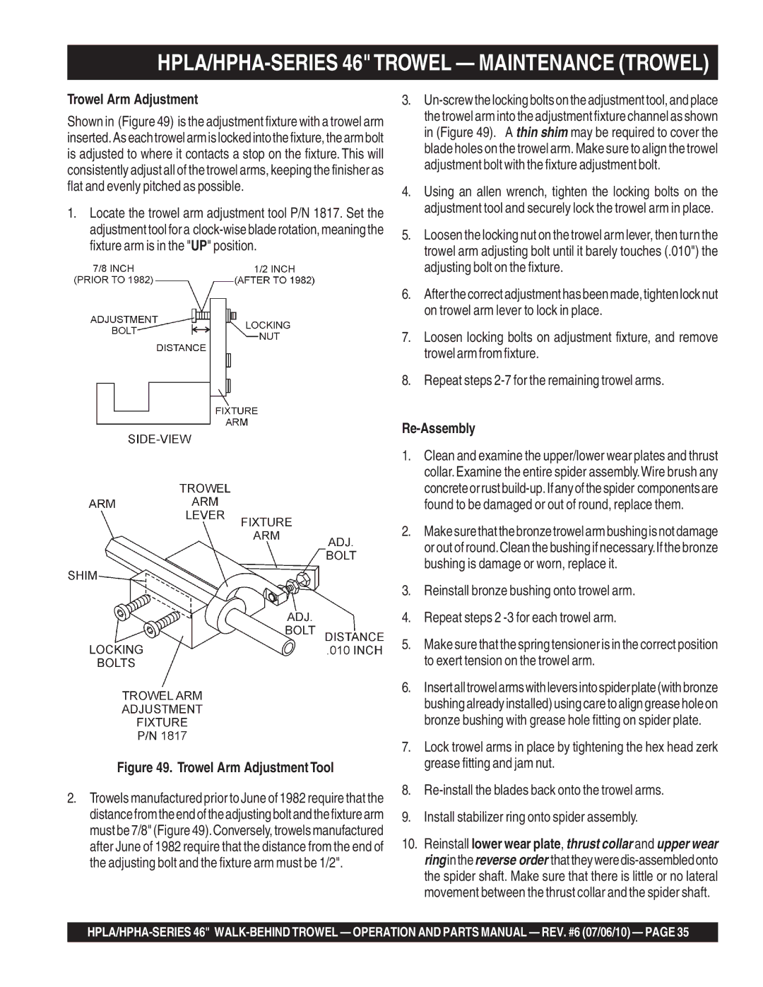 Multiquip HPHA46411H, HPLA46411H manual Trowel Arm Adjustment, Re-Assembly 