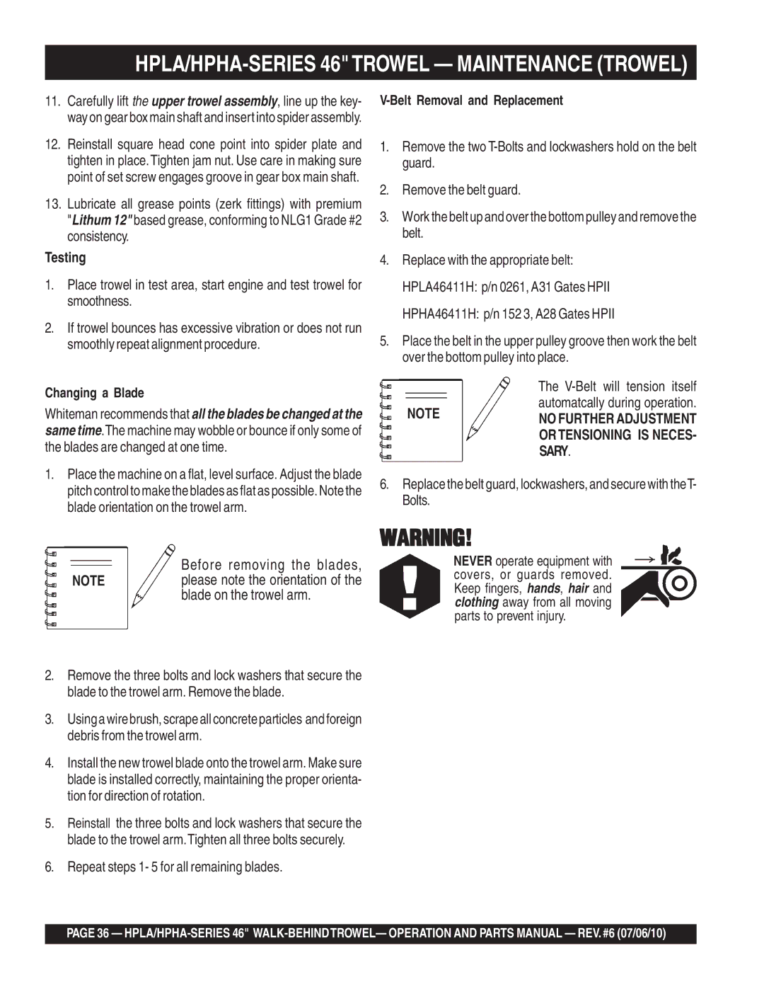 Multiquip HPLA46411H Testing, Changing a Blade, Belt Removal and Replacement, Repeat steps 1- 5 for all remaining blades 