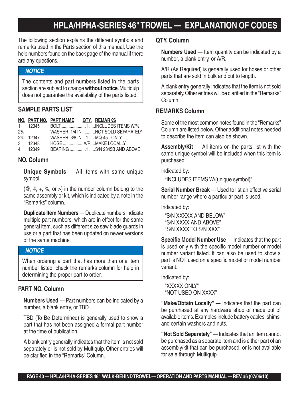 Multiquip HPLA46411H, HPHA46411H manual HPLA/HPHA-SERIES 46TROWEL Explanation of Codes, Xxxxx only Not Used on 