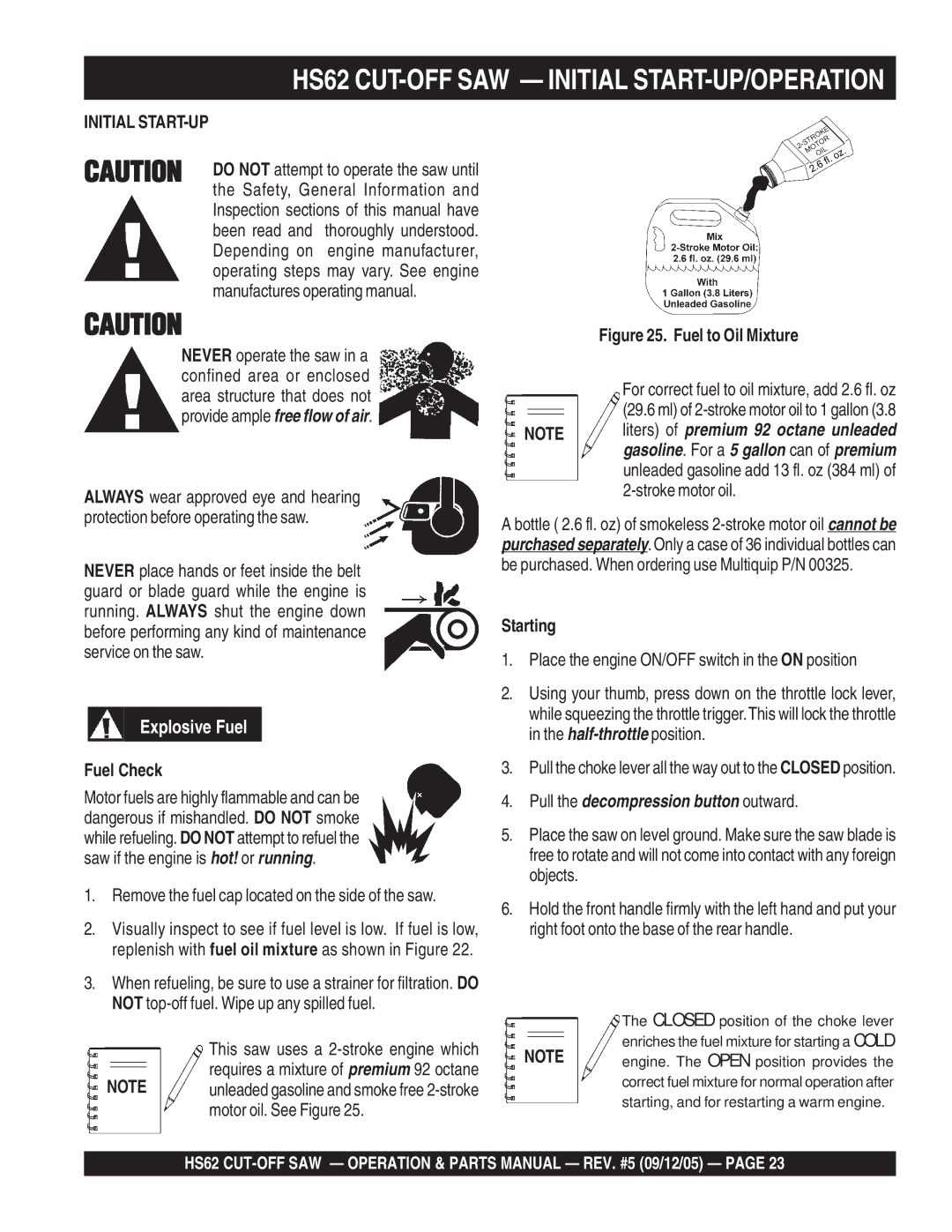 Multiquip manual HS62 CUT-OFF SAW Initial START-UP/OPERATION, Fuel Check, Starting 