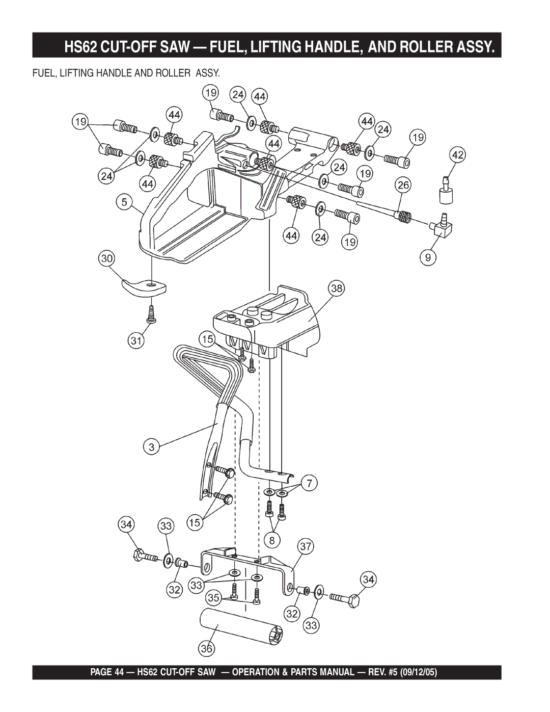 Multiquip manual HS62 CUT-OFF SAW FUEL, Lifting HANDLE, and Roller Assy 