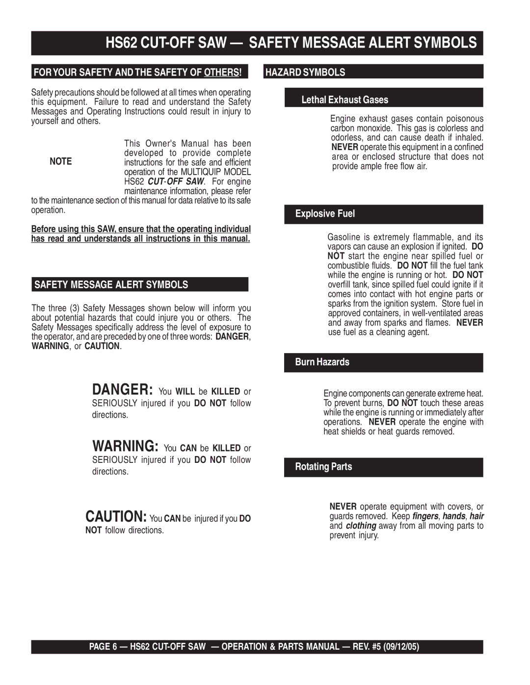 Multiquip manual HS62 CUT-OFF SAW Safety Message Alert Symbols, Foryour Safety and the Safety of Others 