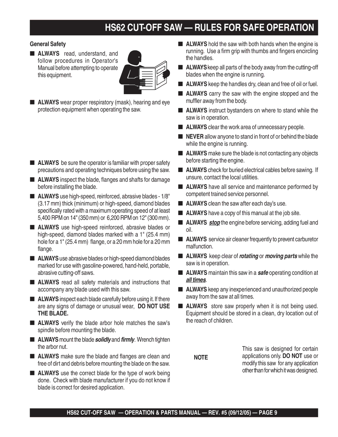 Multiquip manual HS62 CUT-OFF SAW Rules for Safe Operation, General Safety 