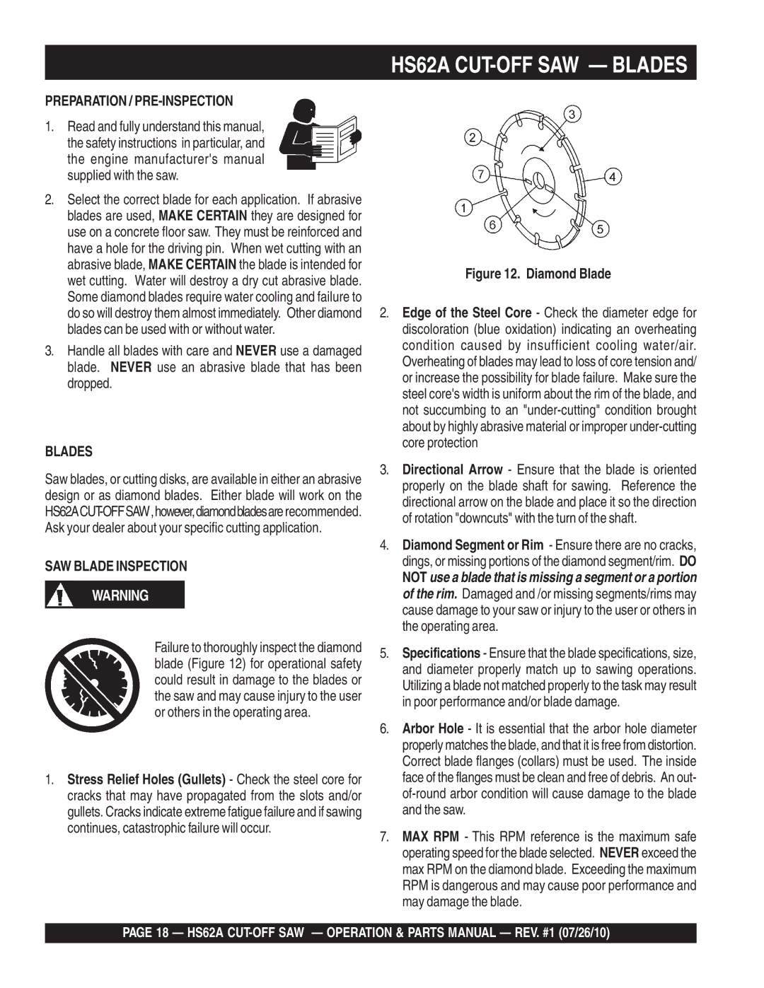 Multiquip manual HS62A CUT-OFF SAW Blades, Preparation / PRE-INSPECTION, SAW Blade Inspection 