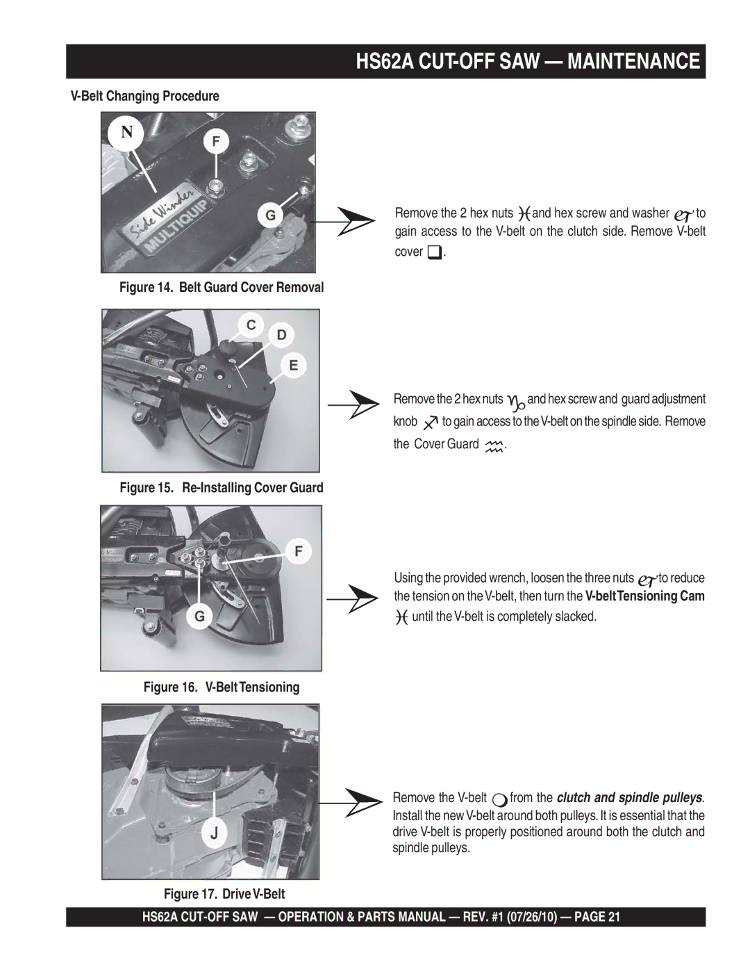 Multiquip HS62A manual Belt Changing Procedure, Belt Guard Cover Removal 