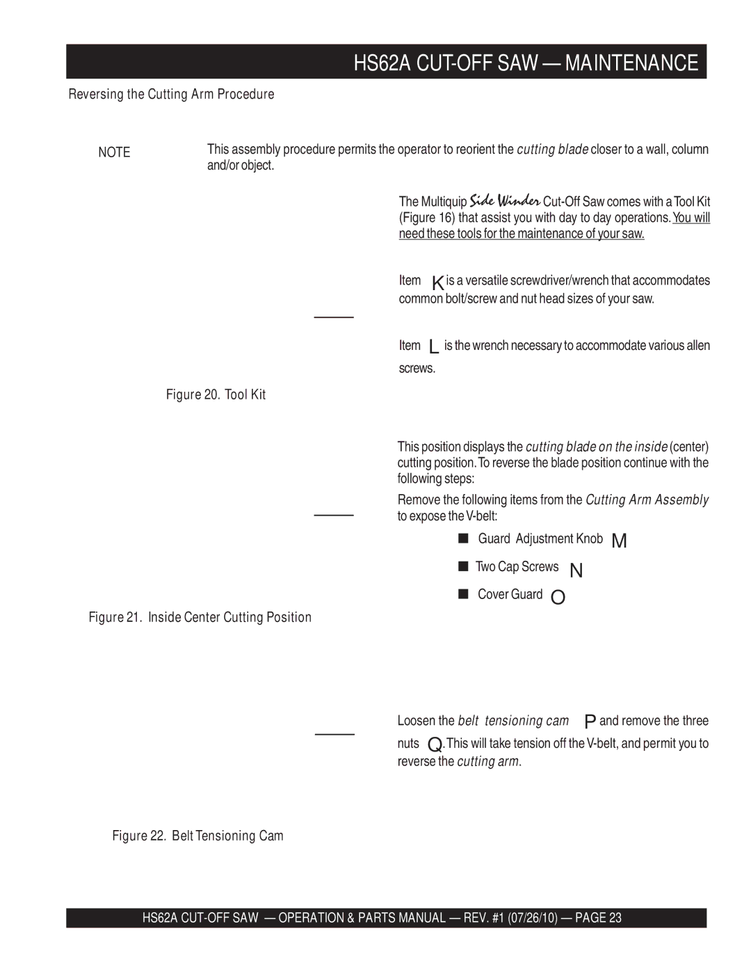 Multiquip HS62A manual Reversing the Cutting Arm Procedure, Tool Kit 