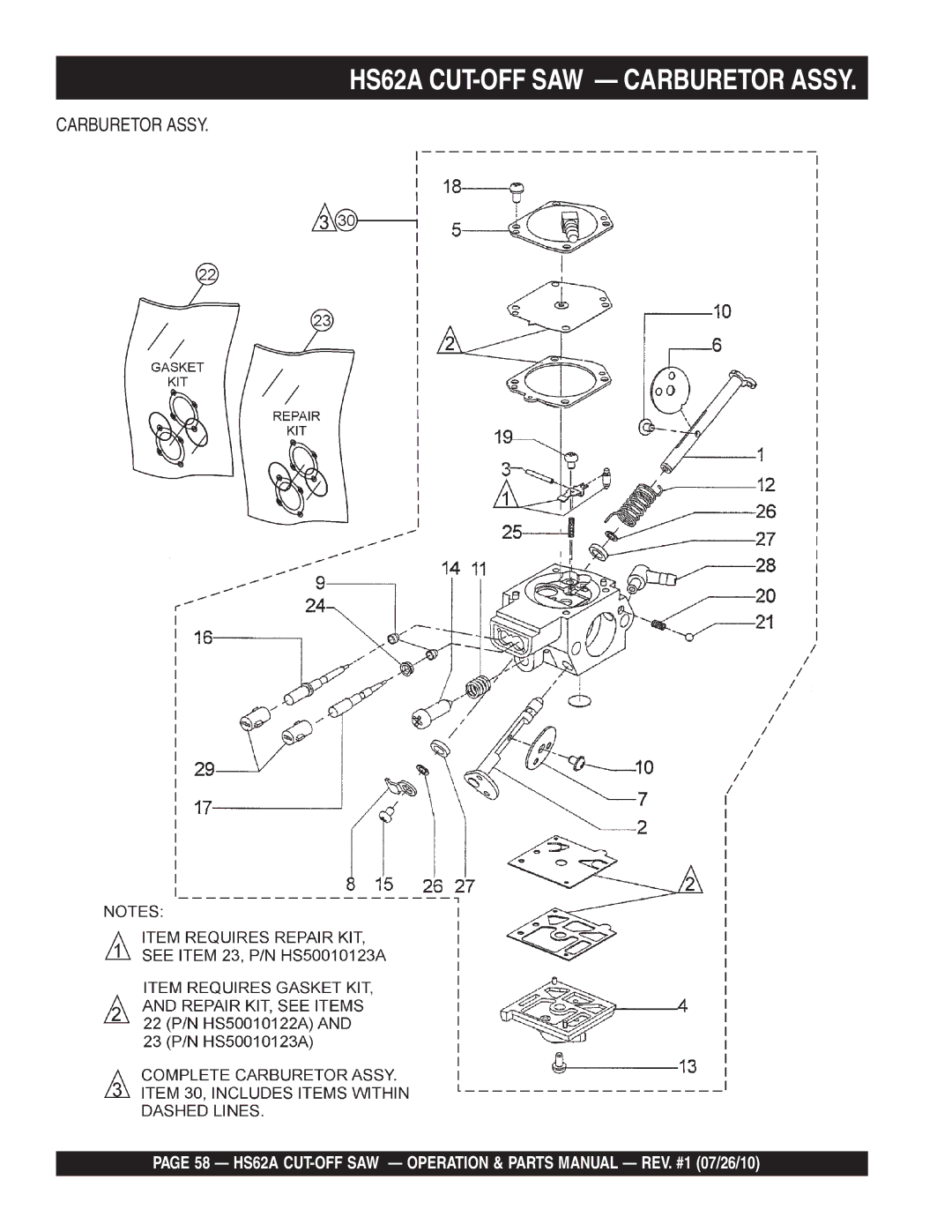 Multiquip manual HS62A CUT-OFF SAW Carburetor Assy 