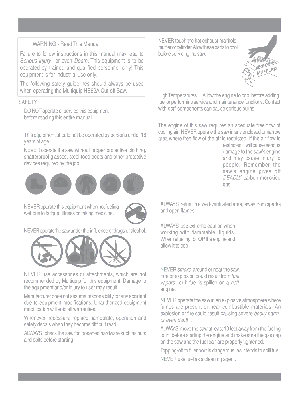 Multiquip manual HS62A CUT-OFF SAW Rules for Safe Operation, Safety 