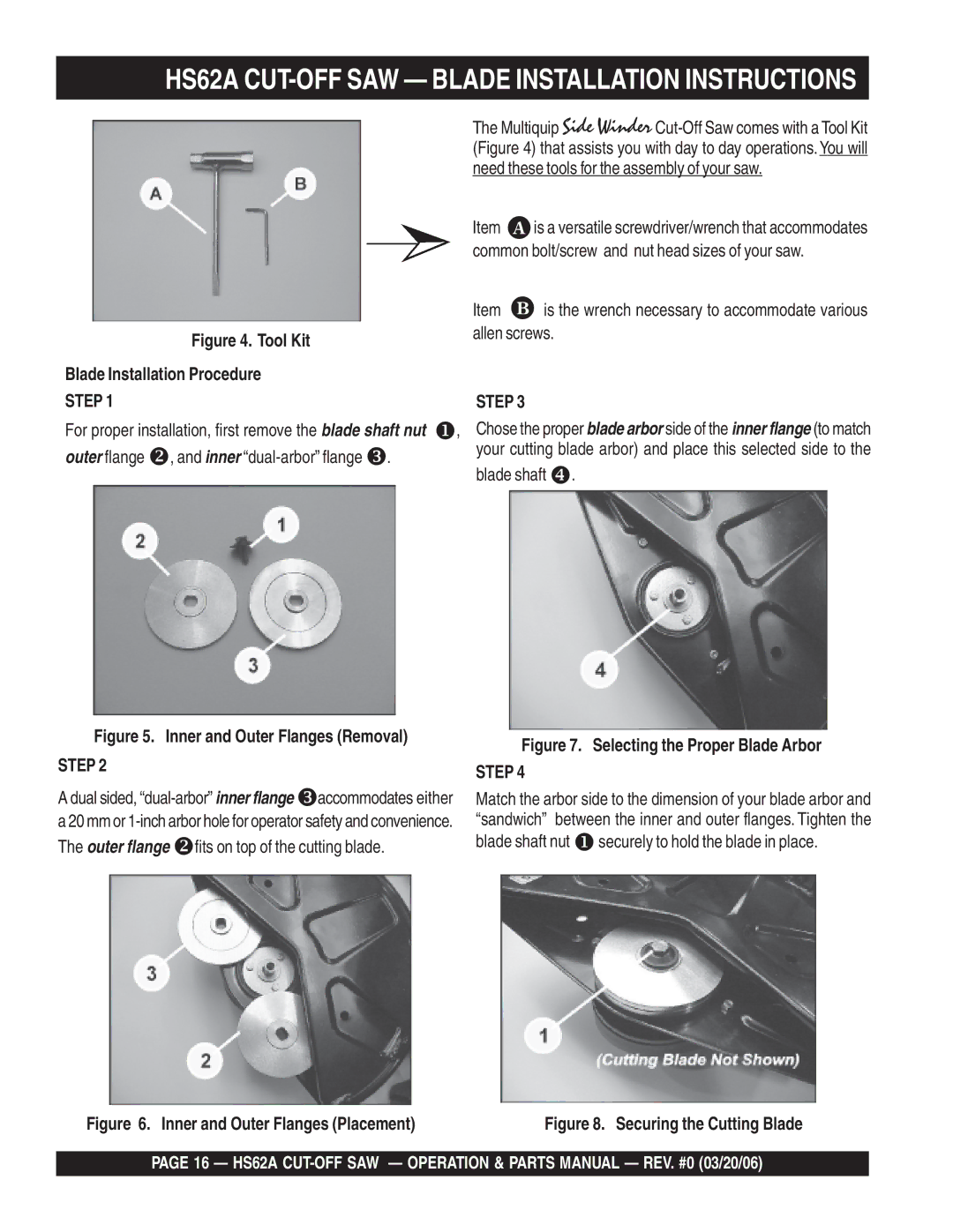 Multiquip manual HS62A CUT-OFF SAW Blade Installation Instructions, Step, Blade shaft 