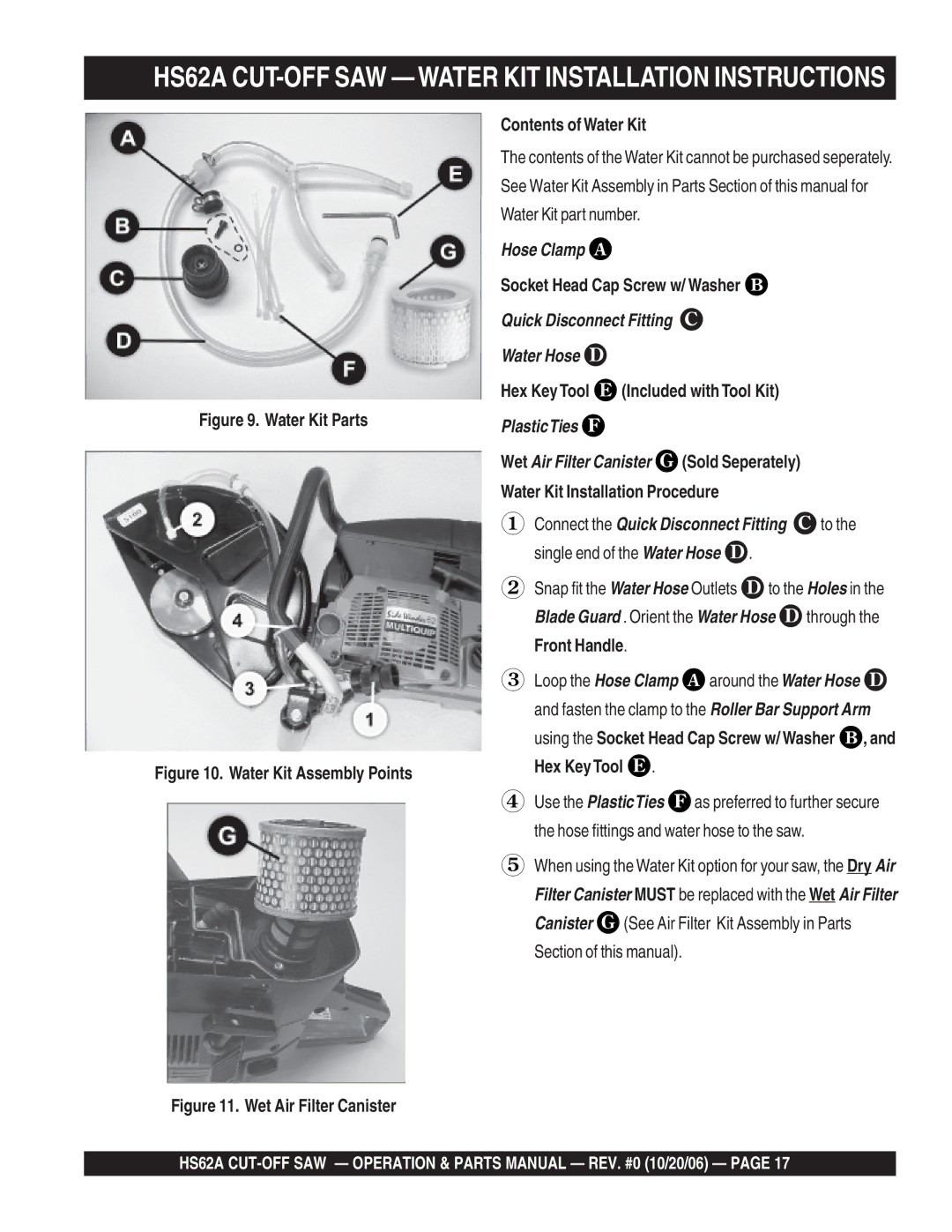 Multiquip manual HS62A CUT-OFF SAW Water KIT Installation Instructions, Fasten the clamp to the Roller Bar Support Arm 