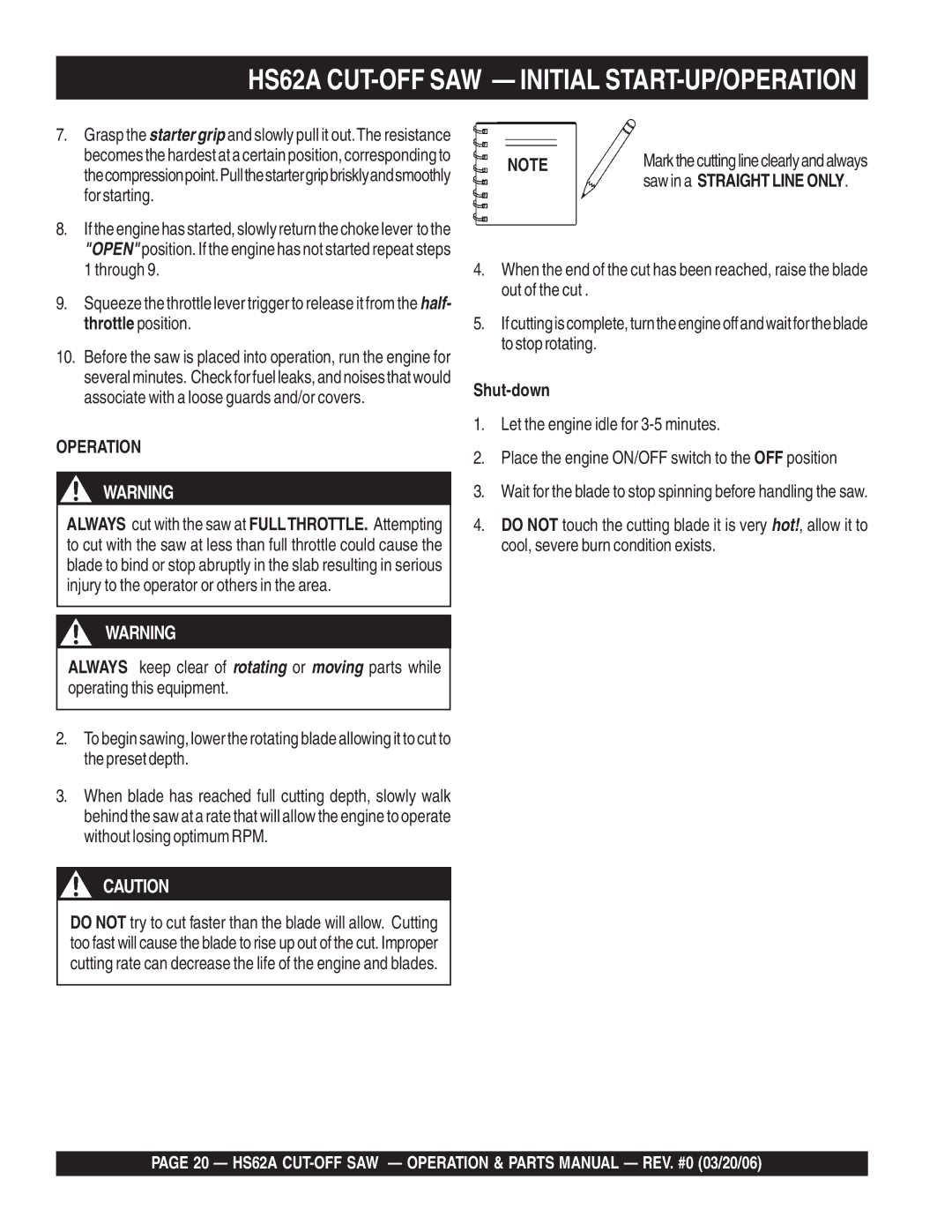 Multiquip HS62A manual Operation, Shut-down 