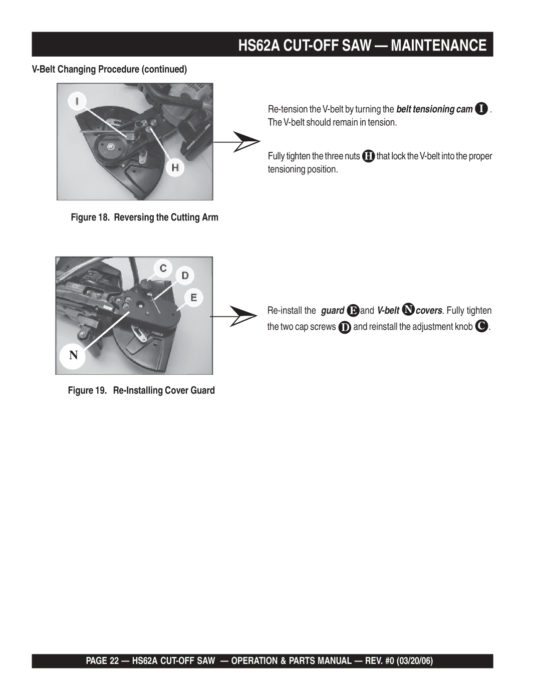 Multiquip HS62A CUT-OFF SAW Maintenance, V-belt should remain in tension, Tensioning position, Re-install the guard 