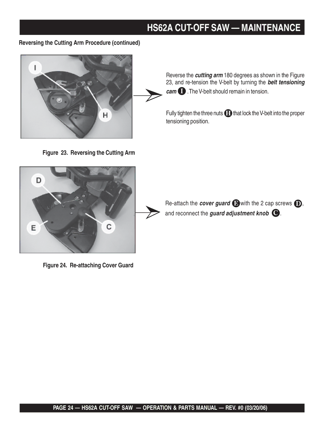 Multiquip HS62A manual Cam .The V-belt should remain in tension, Re-attach the cover guard 