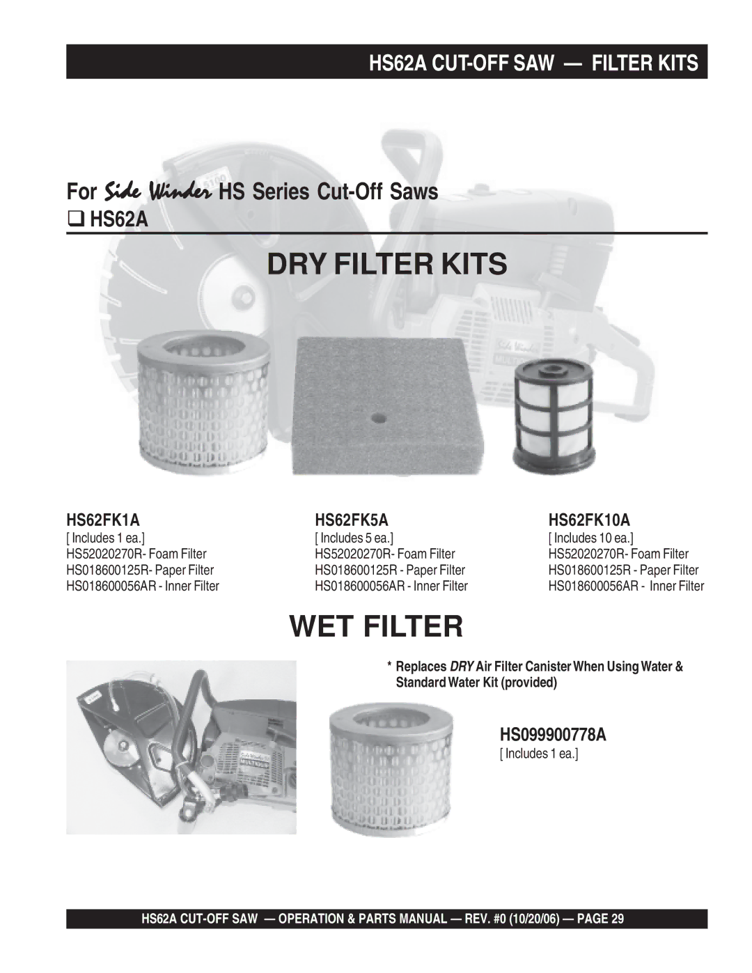 Multiquip manual HS62A CUT-OFF SAW Filter Kits, Includes 1 ea 