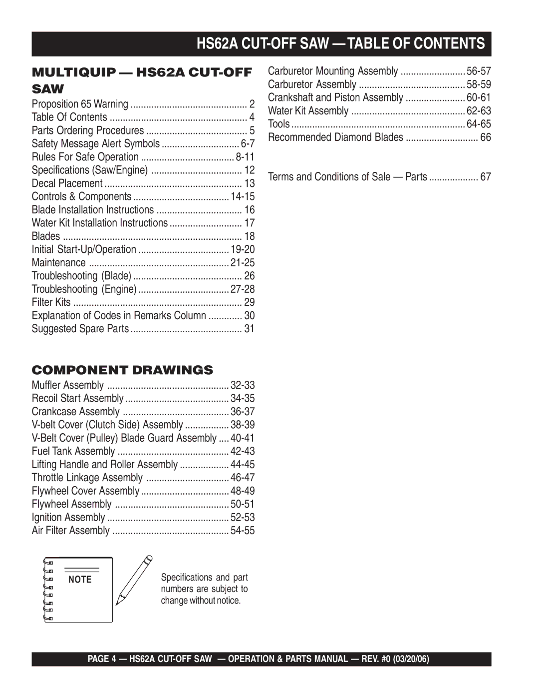 Multiquip manual HS62A CUT-OFF SAW Table of Contents 