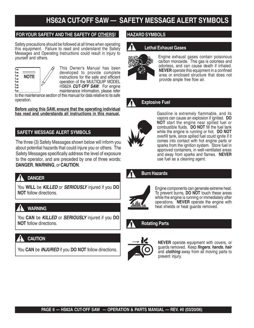 Multiquip manual HS62A CUT-OFF SAW Safety Message Alert Symbols 