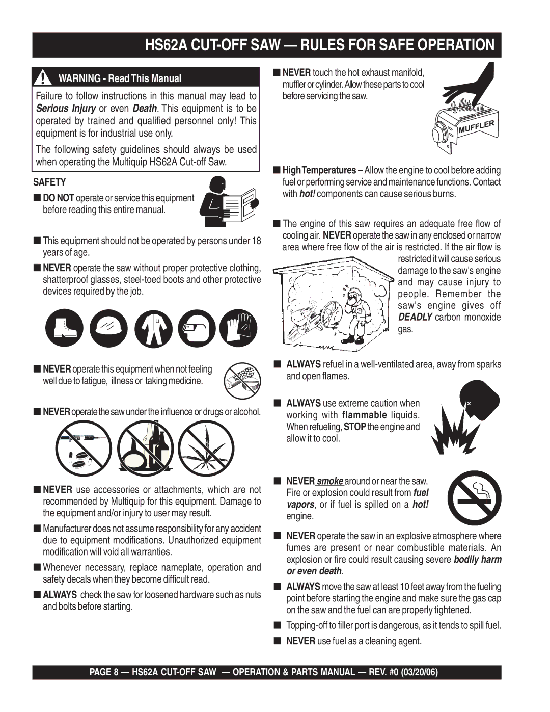 Multiquip manual HS62A CUT-OFF SAW Rules for Safe Operation, Safety 