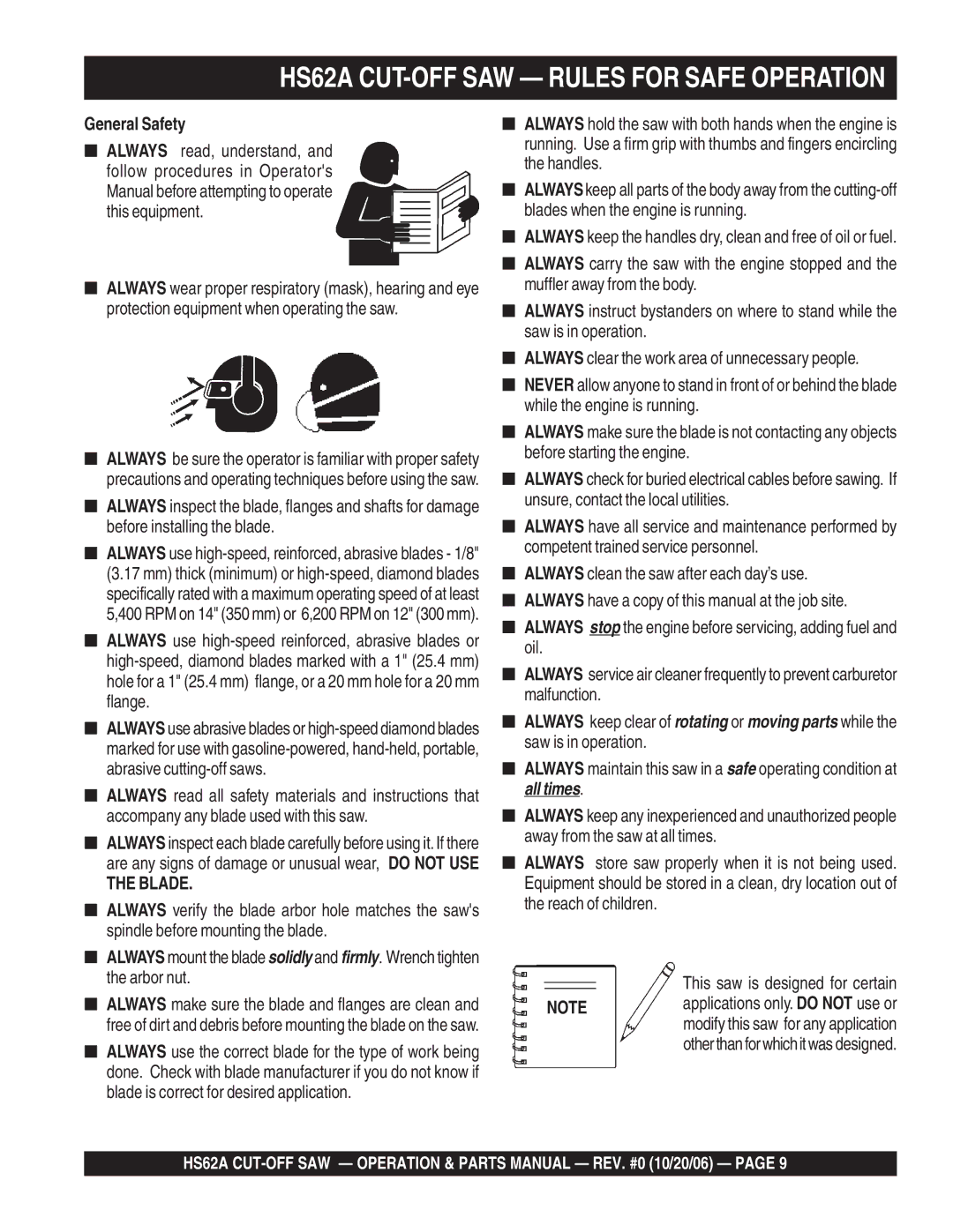 Multiquip manual HS62A CUT-OFF SAW Rules for Safe Operation, General Safety, Blade 