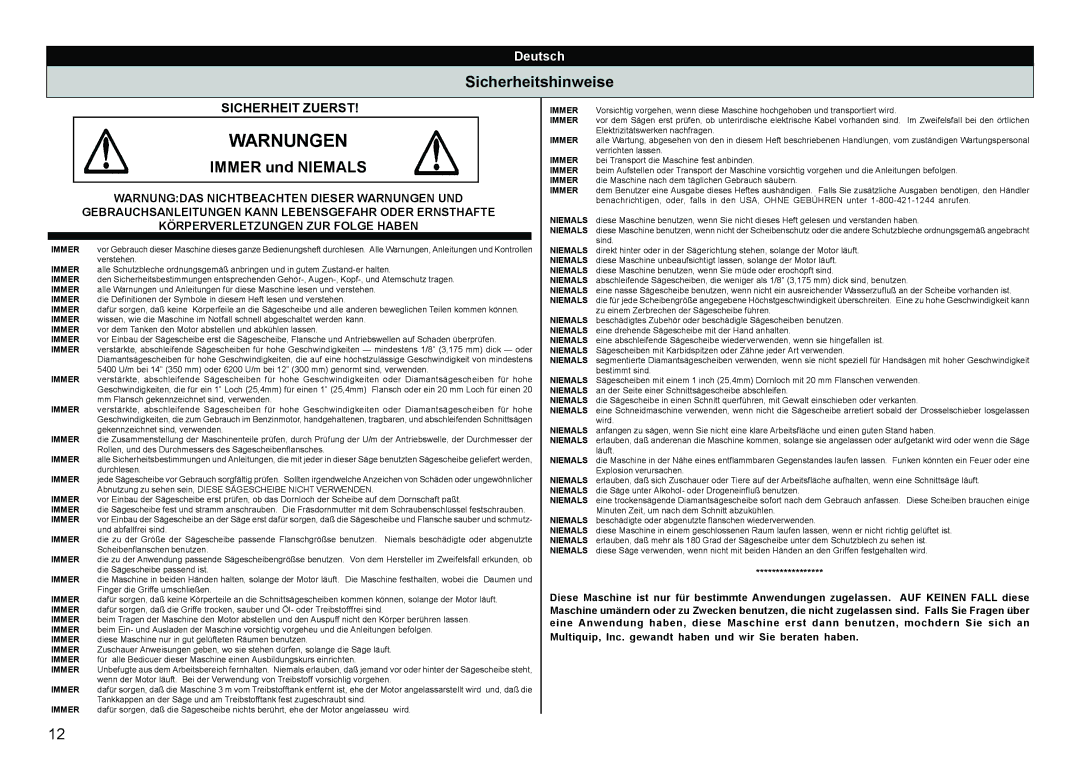 Multiquip HS81, HS62 manual Warnungen, Sicherheitshinweise, Immer und Niemals 