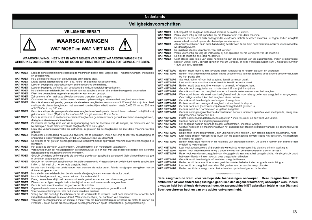 Multiquip HS62, HS81 manual Waarschuwingen, Veiligheidsvoorschriften, WAT Moet en WAT Niet MAG 