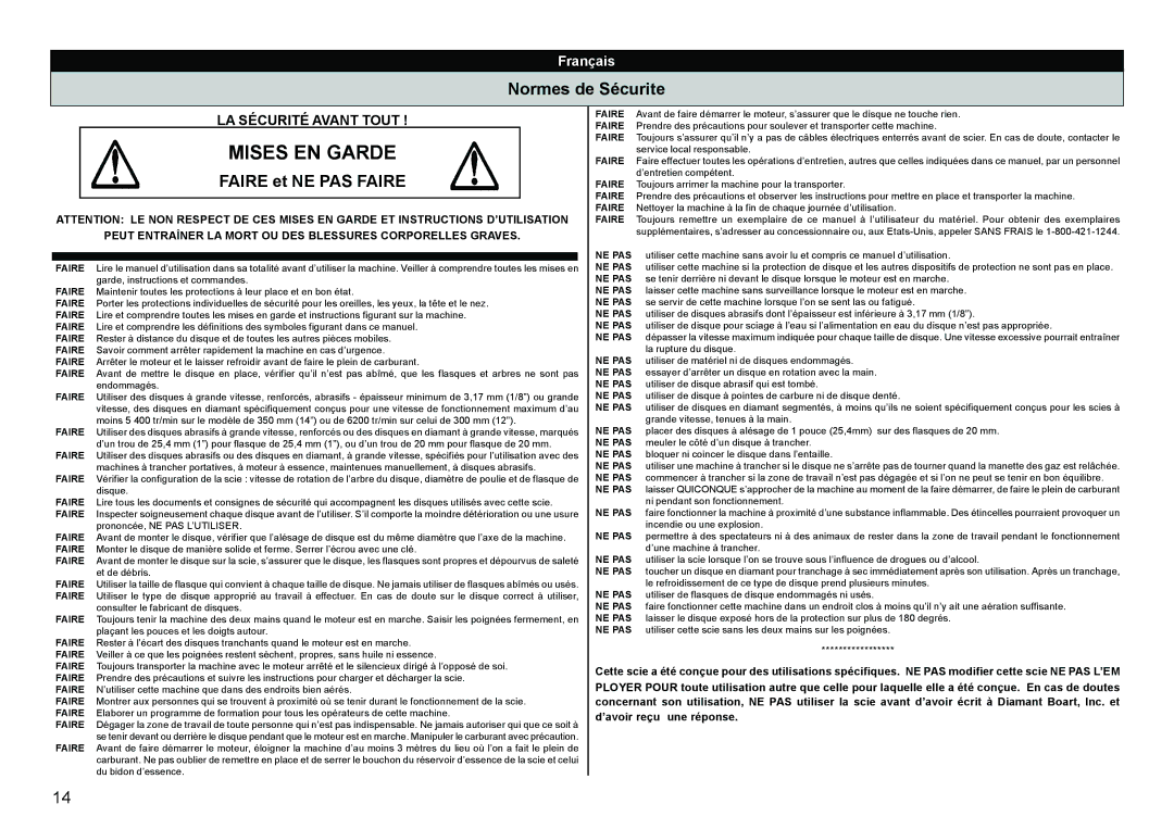 Multiquip HS81, HS62 manual Mises EN Garde, Normes de Sécurite, Faire et NE PAS Faire 