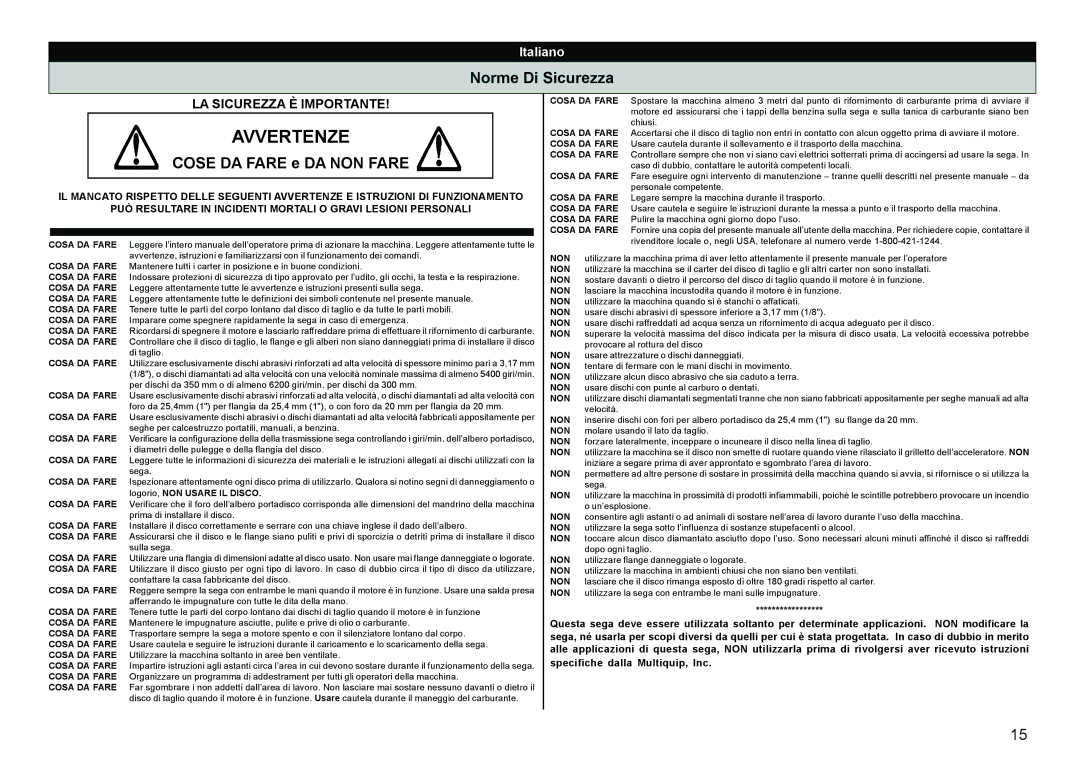 Multiquip HS62, HS81 manual Avvertenze, Norme Di Sicurezza, Cose DA Fare e DA NON Fare 