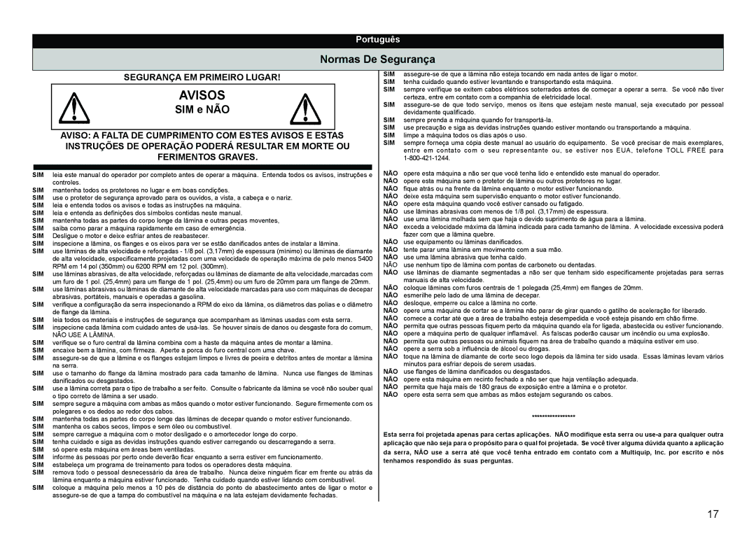 Multiquip HS62, HS81 manual Avisos, Normas De Segurança, SIM e NÃO 