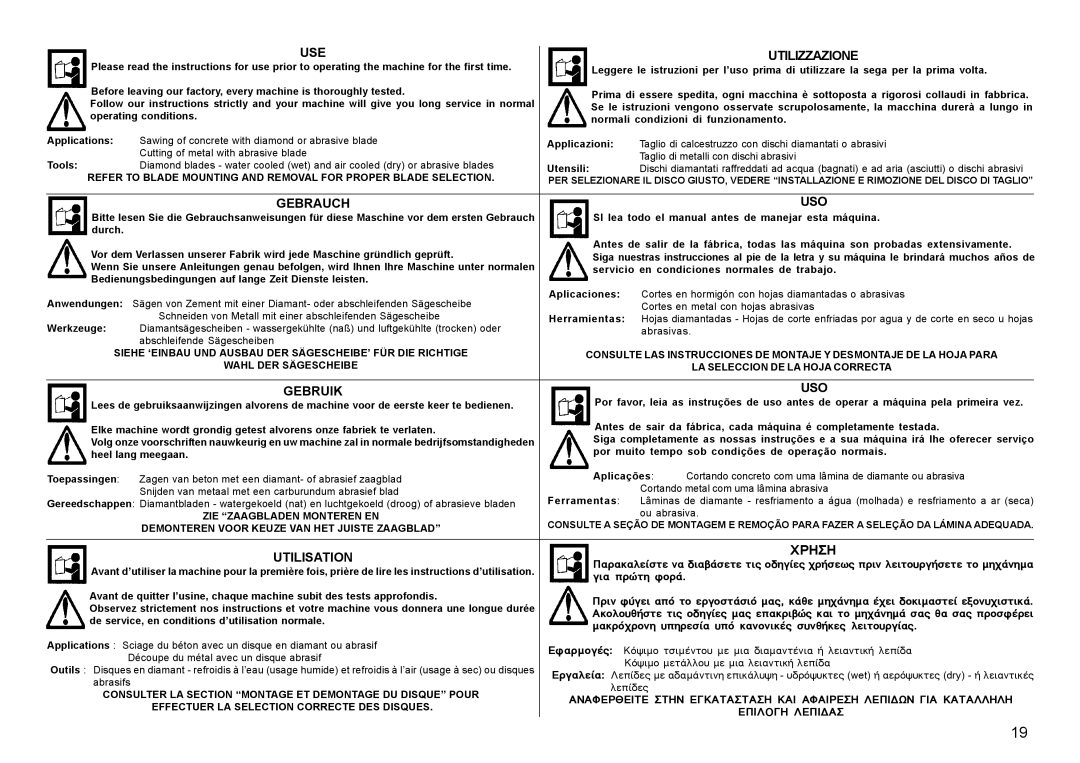 Multiquip HS62, HS81 manual USE Utilizzazione 