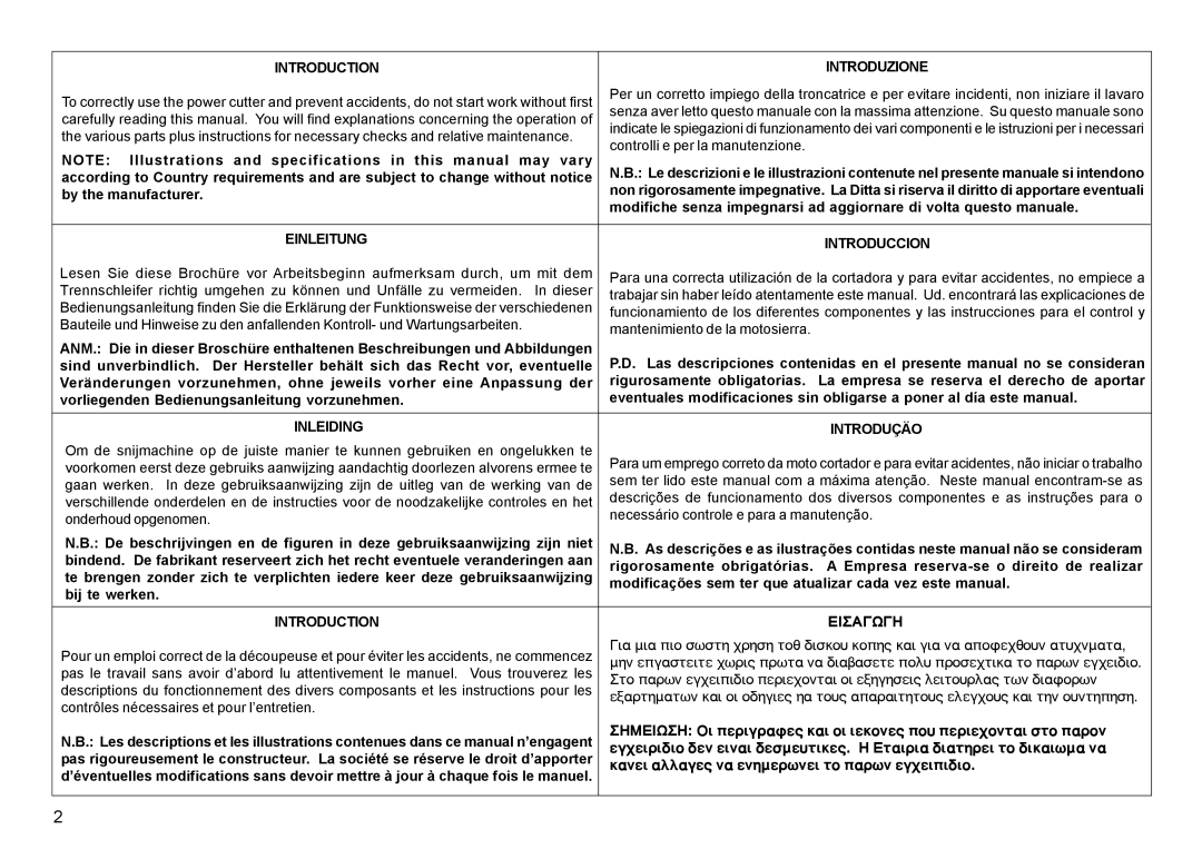 Multiquip HS81, HS62 manual Introduction Introduzione 