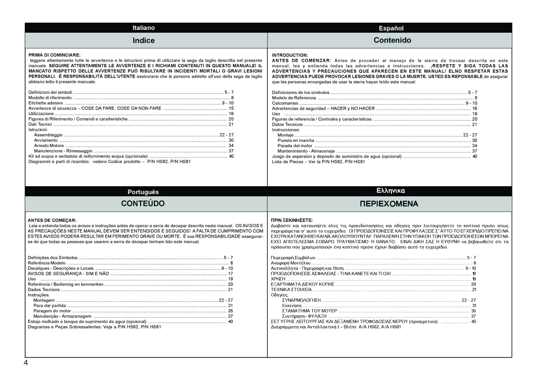 Multiquip HS81, HS62 manual Indice Contenido, Prima DI Cominciare Introduction 