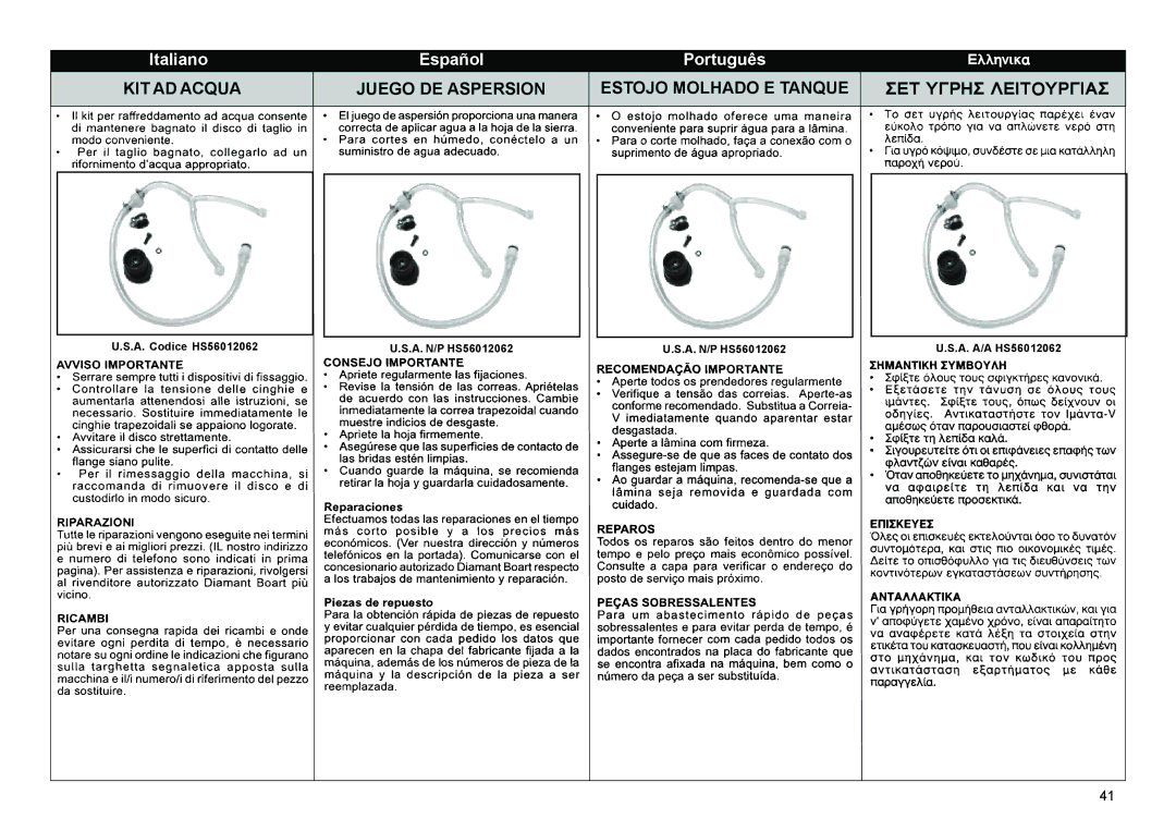 Multiquip HS62, HS81 manual KIT AD Acqua 