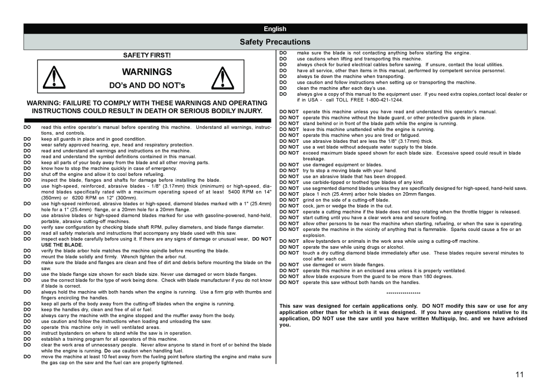 Multiquip HS62, HS81 manual Warnings, Safety Precautions, DO’s AND DO NOT’s, Safety First, English 