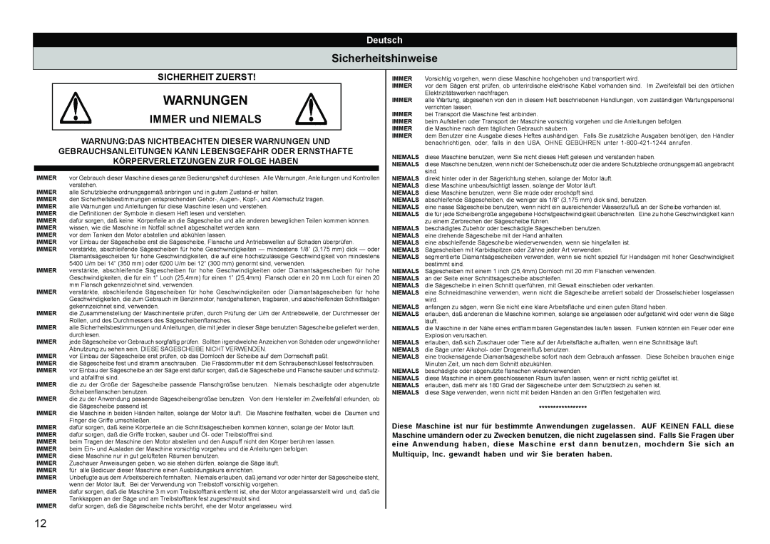 Multiquip HS81, HS62 manual Warnungen, Sicherheitshinweise, IMMER und NIEMALS, Sicherheit Zuerst, Deutsch 
