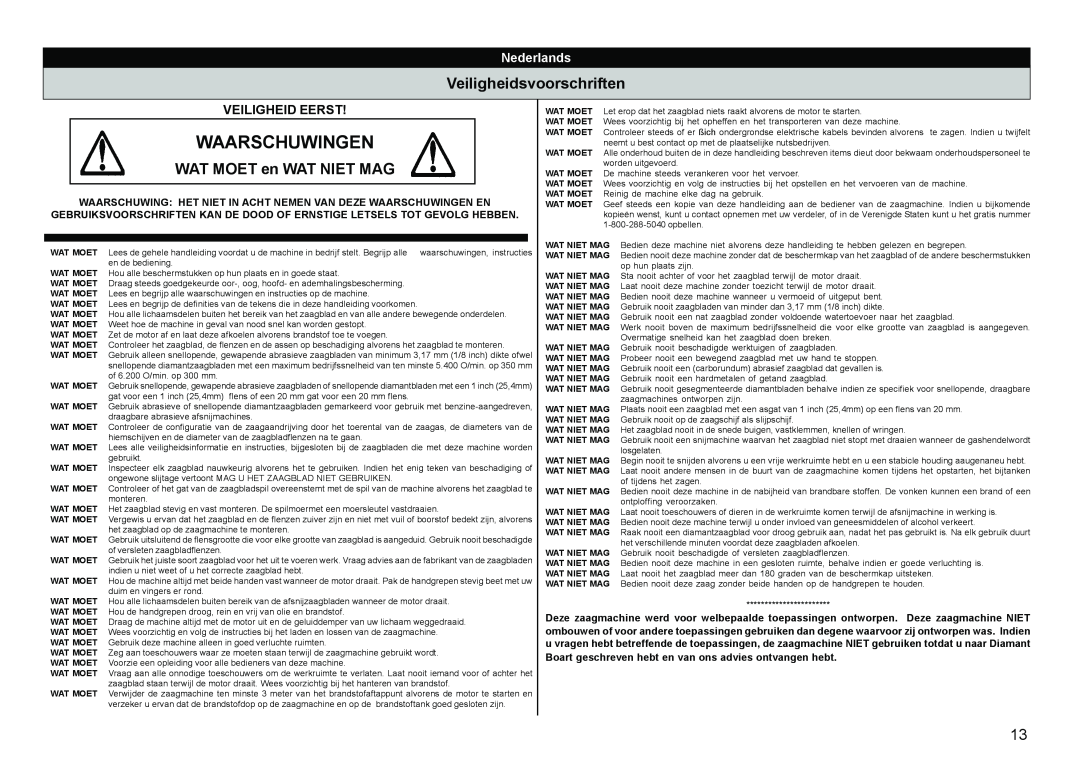 Multiquip HS62, HS81 manual Waarschuwingen, Veiligheidsvoorschriften, WAT MOET en WAT NIET MAG, Veiligheid Eerst, Nederlands 